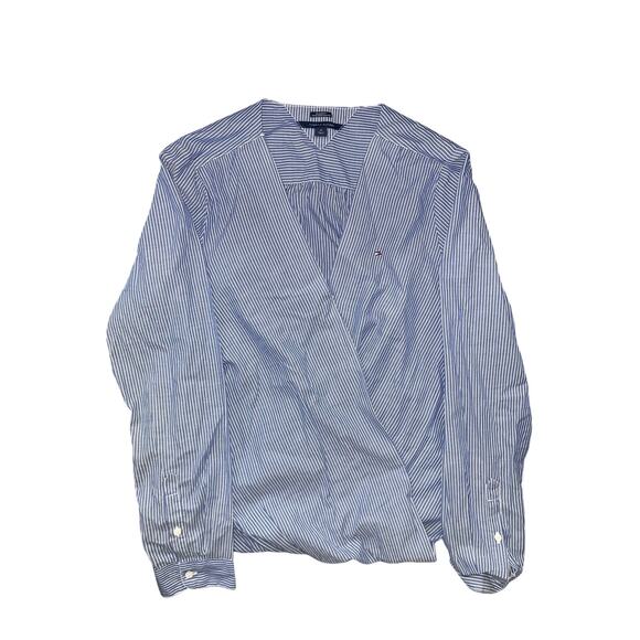 Tommy Hilfiger blue white striped faux wrapped long sleeve blouse size Medium - Picture 1 of 4